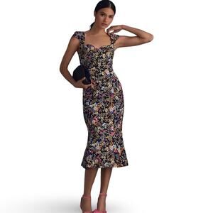 Anthropologie Cecily Black Floral Midi Dress with Sweetheart Neck